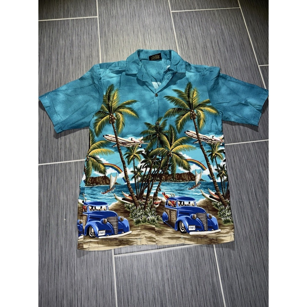 Royal Creations Men's Hawaiian Aloha Shirt Palm Trees Beach Flowers Small